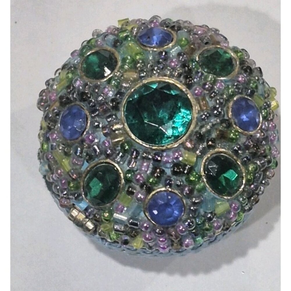 Vintage Jeweled & Beaded Blue Round Metal Trinket Box Velvet Bottom